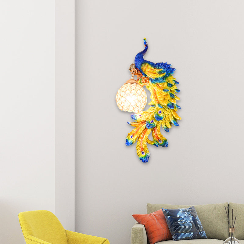 Double/Right/Left Peacock Wall Lamp Country Resin 1 Bulb Sconce Light Fixture with Clear Crystal Shade in White/Blue Finish, 1/2-Pack Clearhalo 'Wall Lamps & Sconces' 'Wall Lights' Lighting' 156199