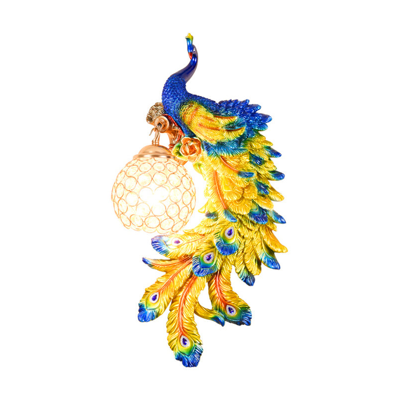 Double/Right/Left Peacock Wall Lamp Country Resin 1 Bulb Sconce Light Fixture with Clear Crystal Shade in White/Blue Finish, 1/2-Pack Clearhalo 'Wall Lamps & Sconces' 'Wall Lights' Lighting' 156200