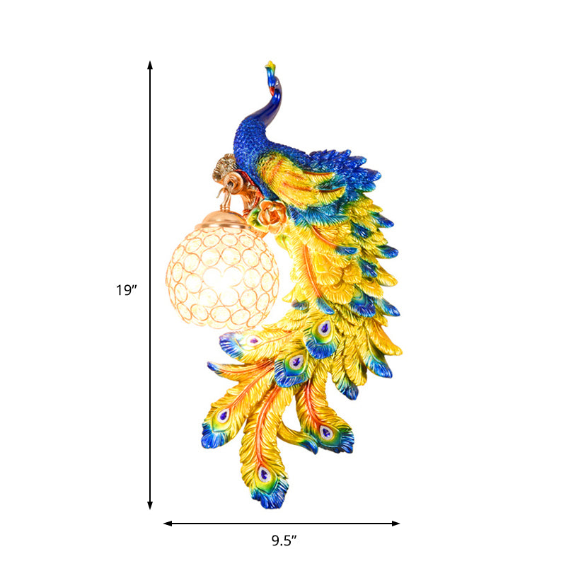 Double/Right/Left Peacock Wall Lamp Country Resin 1 Bulb Sconce Light Fixture with Clear Crystal Shade in White/Blue Finish, 1/2-Pack Clearhalo 'Wall Lamps & Sconces' 'Wall Lights' Lighting' 156201