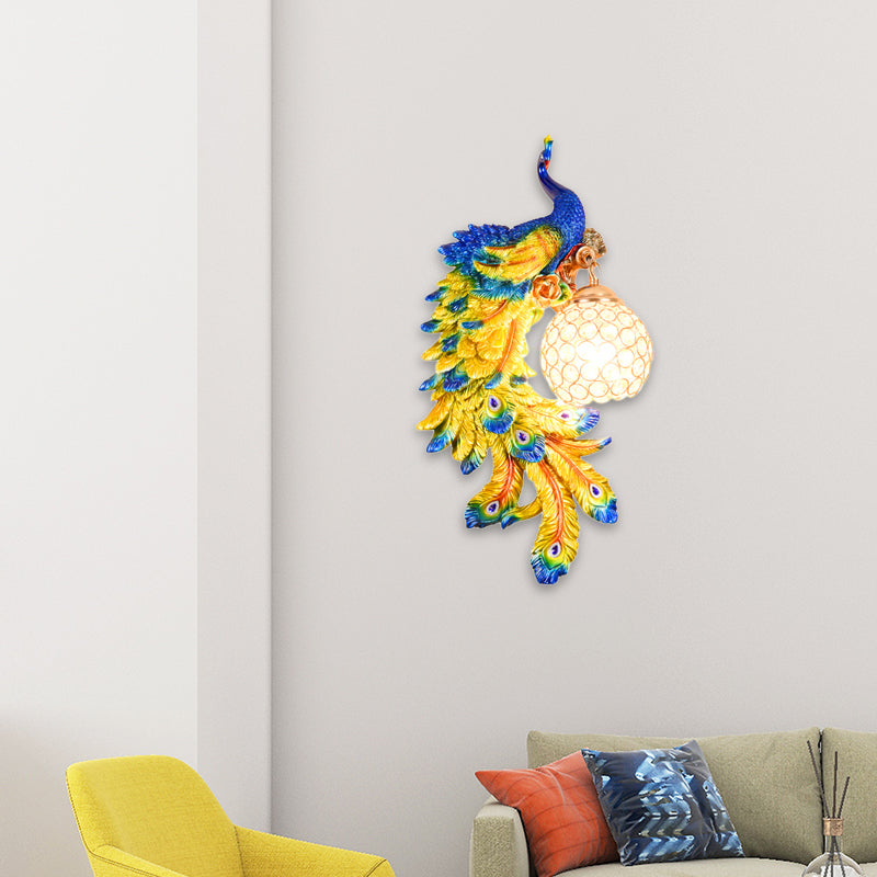 Double/Right/Left Peacock Wall Lamp Country Resin 1 Bulb Sconce Light Fixture with Clear Crystal Shade in White/Blue Finish, 1/2-Pack Blue Left Clearhalo 'Wall Lamps & Sconces' 'Wall Lights' Lighting' 156202