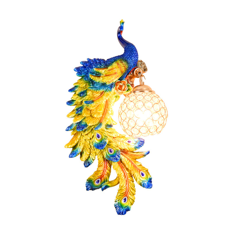 Double/Right/Left Peacock Wall Lamp Country Resin 1 Bulb Sconce Light Fixture with Clear Crystal Shade in White/Blue Finish, 1/2-Pack Clearhalo 'Wall Lamps & Sconces' 'Wall Lights' Lighting' 156203