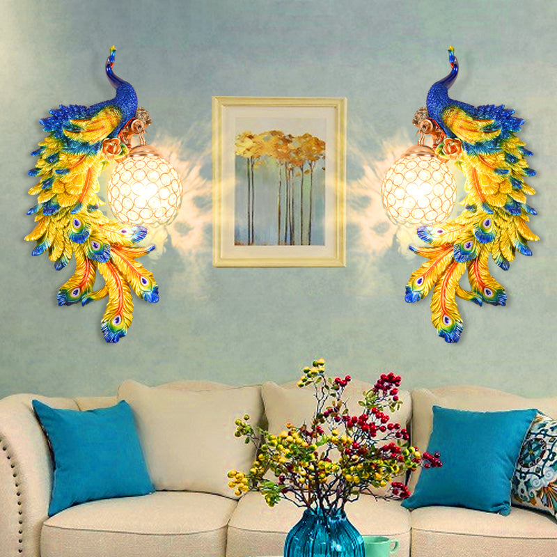 Double/Right/Left Peacock Wall Lamp Country Resin 1 Bulb Sconce Light Fixture with Clear Crystal Shade in White/Blue Finish, 1/2-Pack Blue Double Clearhalo 'Wall Lamps & Sconces' 'Wall Lights' Lighting' 156204