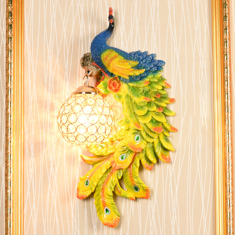 Double/Right/Left Peacock Wall Lamp Country Resin 1 Bulb Sconce Light Fixture with Clear Crystal Shade in White/Blue Finish, 1/2-Pack Green Right Clearhalo 'Wall Lamps & Sconces' 'Wall Lights' Lighting' 156205