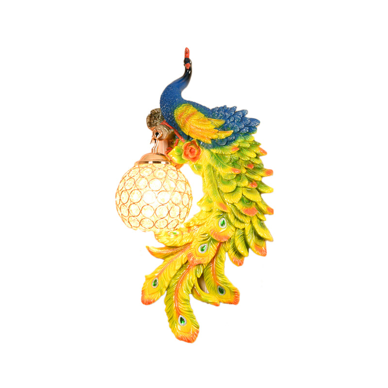 Double/Right/Left Peacock Wall Lamp Country Resin 1 Bulb Sconce Light Fixture with Clear Crystal Shade in White/Blue Finish, 1/2-Pack Clearhalo 'Wall Lamps & Sconces' 'Wall Lights' Lighting' 156206