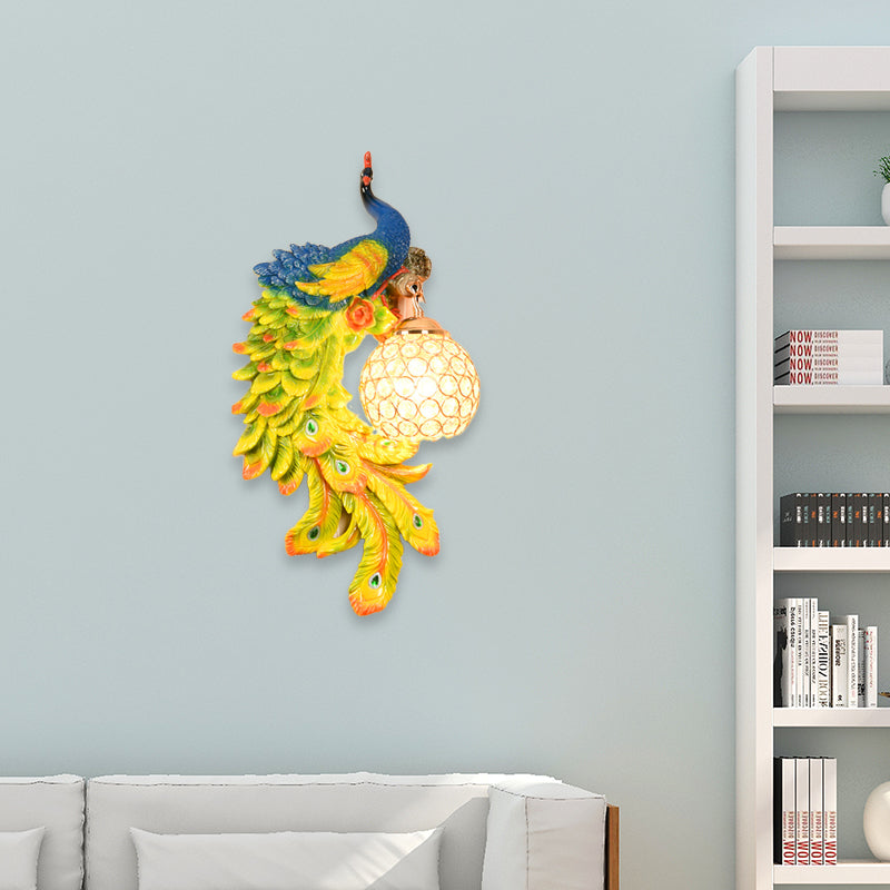 Double/Right/Left Peacock Wall Lamp Country Resin 1 Bulb Sconce Light Fixture with Clear Crystal Shade in White/Blue Finish, 1/2-Pack Green Left Clearhalo 'Wall Lamps & Sconces' 'Wall Lights' Lighting' 156207