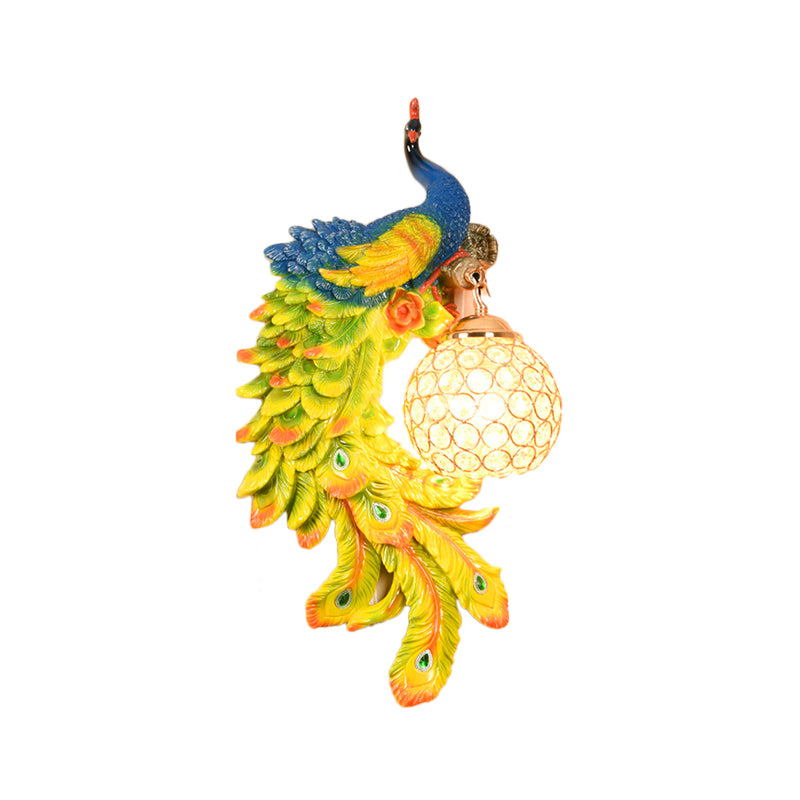 Double/Right/Left Peacock Wall Lamp Country Resin 1 Bulb Sconce Light Fixture with Clear Crystal Shade in White/Blue Finish, 1/2-Pack Clearhalo 'Wall Lamps & Sconces' 'Wall Lights' Lighting' 156209