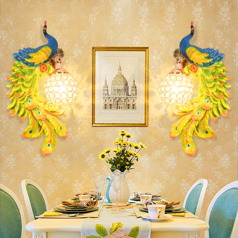 Double/Right/Left Peacock Wall Lamp Country Resin 1 Bulb Sconce Light Fixture with Clear Crystal Shade in White/Blue Finish, 1/2-Pack Green Double Clearhalo 'Wall Lamps & Sconces' 'Wall Lights' Lighting' 156210