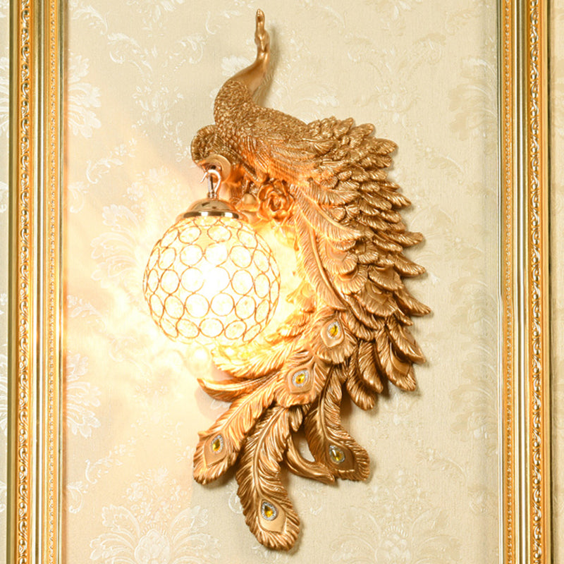 Double/Right/Left Peacock Wall Lamp Country Resin 1 Bulb Sconce Light Fixture with Clear Crystal Shade in White/Blue Finish, 1/2-Pack Gold Right Clearhalo 'Wall Lamps & Sconces' 'Wall Lights' Lighting' 156211