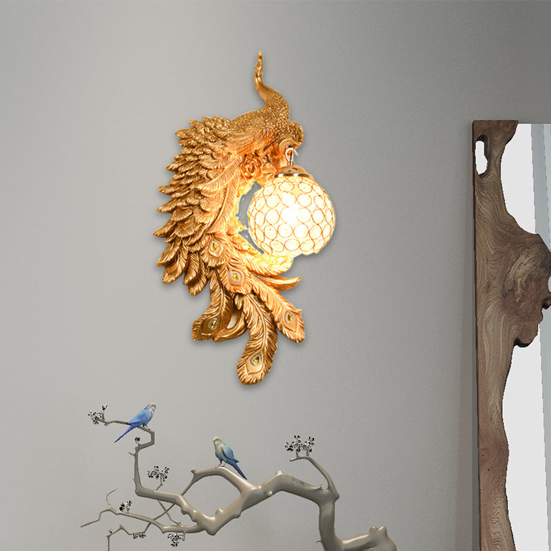 Double/Right/Left Peacock Wall Lamp Country Resin 1 Bulb Sconce Light Fixture with Clear Crystal Shade in White/Blue Finish, 1/2-Pack Gold Left Clearhalo 'Wall Lamps & Sconces' 'Wall Lights' Lighting' 156213