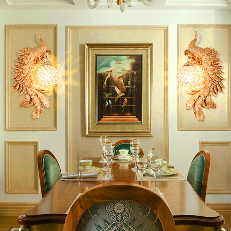 Double/Right/Left Peacock Wall Lamp Country Resin 1 Bulb Sconce Light Fixture with Clear Crystal Shade in White/Blue Finish, 1/2-Pack Gold Double Clearhalo 'Wall Lamps & Sconces' 'Wall Lights' Lighting' 156216