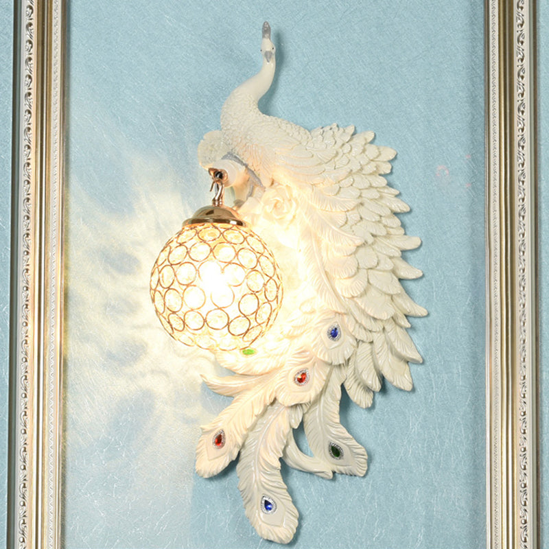 Double/Right/Left Peacock Wall Lamp Country Resin 1 Bulb Sconce Light Fixture with Clear Crystal Shade in White/Blue Finish, 1/2-Pack White Right Clearhalo 'Wall Lamps & Sconces' 'Wall Lights' Lighting' 156217