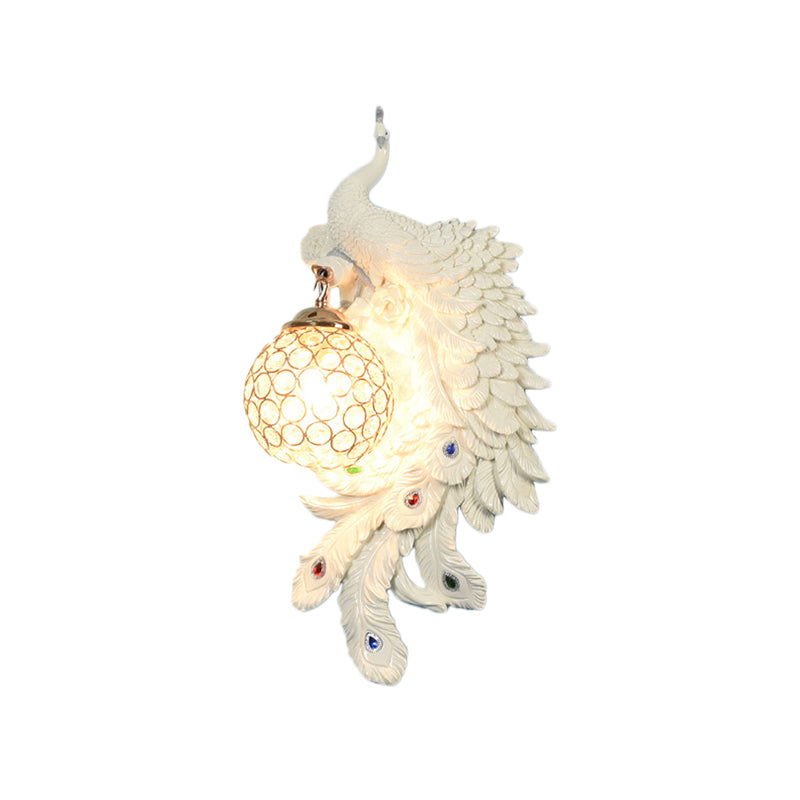 Double/Right/Left Peacock Wall Lamp Country Resin 1 Bulb Sconce Light Fixture with Clear Crystal Shade in White/Blue Finish, 1/2-Pack Clearhalo 'Wall Lamps & Sconces' 'Wall Lights' Lighting' 156218