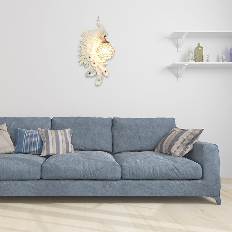 Double/Right/Left Peacock Wall Lamp Country Resin 1 Bulb Sconce Light Fixture with Clear Crystal Shade in White/Blue Finish, 1/2-Pack Clearhalo 'Wall Lamps & Sconces' 'Wall Lights' Lighting' 156220