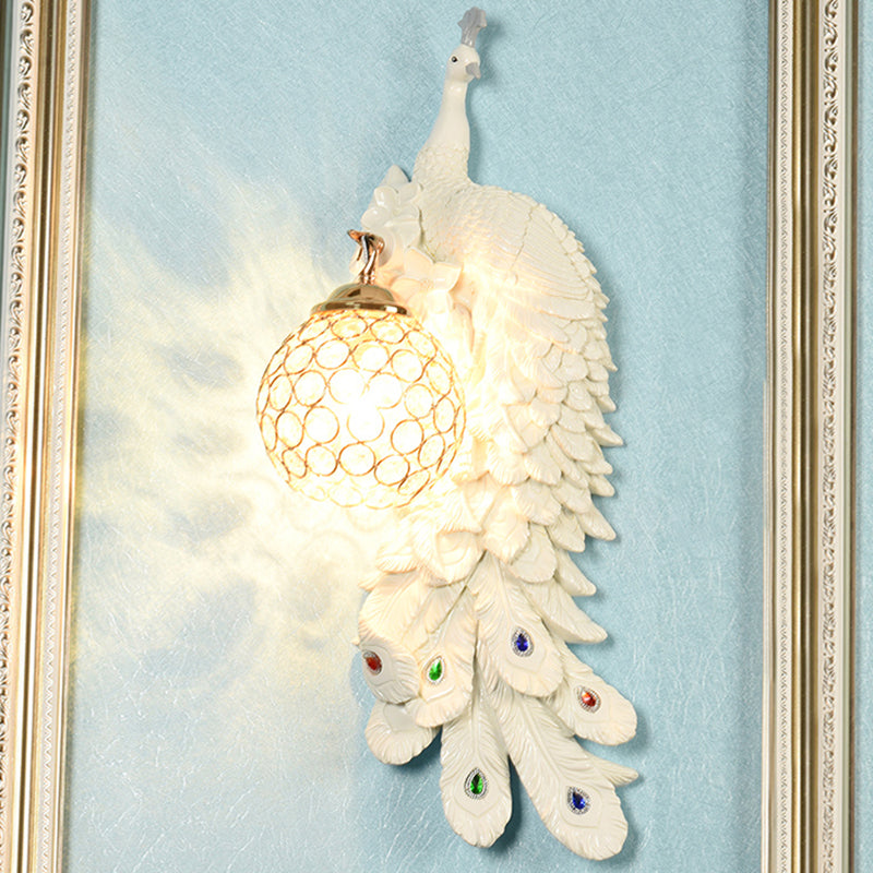 1/2-Pack Peacock Wall Light Country Style Resin 1 Head Wall Sconce with Dome Crystal Shade in White/Blue Finish, Left/Right White Right Clearhalo 'Wall Lamps & Sconces' 'Wall Lights' Lighting' 156290