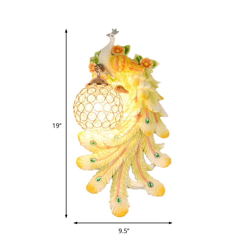 Domed Wall Light Sconce Loft Style Crystal and Resin 1 Head Wall Lamp with Left/Right Peacock Backplate in Gold/Green, 1/2 Packs Clearhalo 'Wall Lamps & Sconces' 'Wall Lights' Lighting' 156323