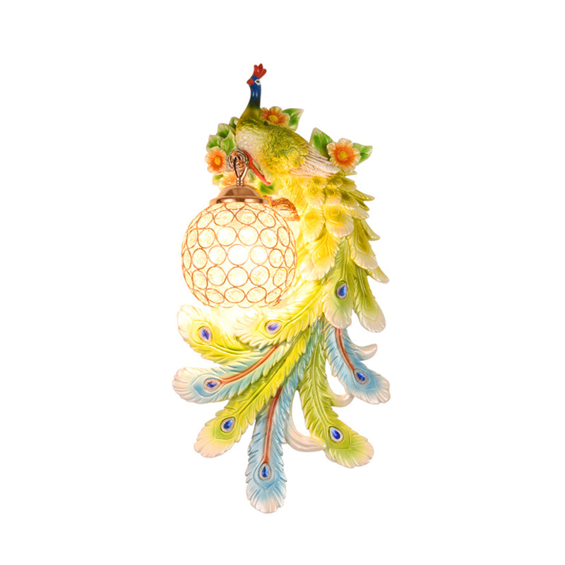 Domed Wall Light Sconce Loft Style Crystal and Resin 1 Head Wall Lamp with Left/Right Peacock Backplate in Gold/Green, 1/2 Packs Clearhalo 'Wall Lamps & Sconces' 'Wall Lights' Lighting' 156327