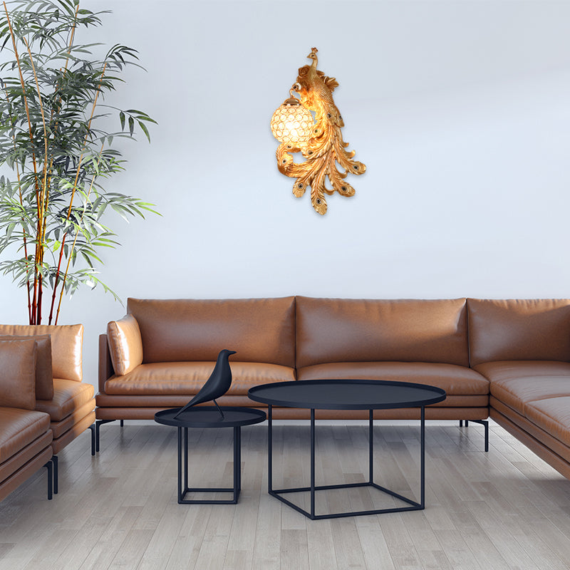 1 Light Blue/Gold Peacock Wall Lamp Country Resin 1/2-Pack Sconce Lighting with Crystal Globe Shade, Double/Right/Left Gold Right Clearhalo 'Modern wall lights' 'Modern' 'Wall Lamps & Sconces' 'Wall Lights' Lighting' 156354