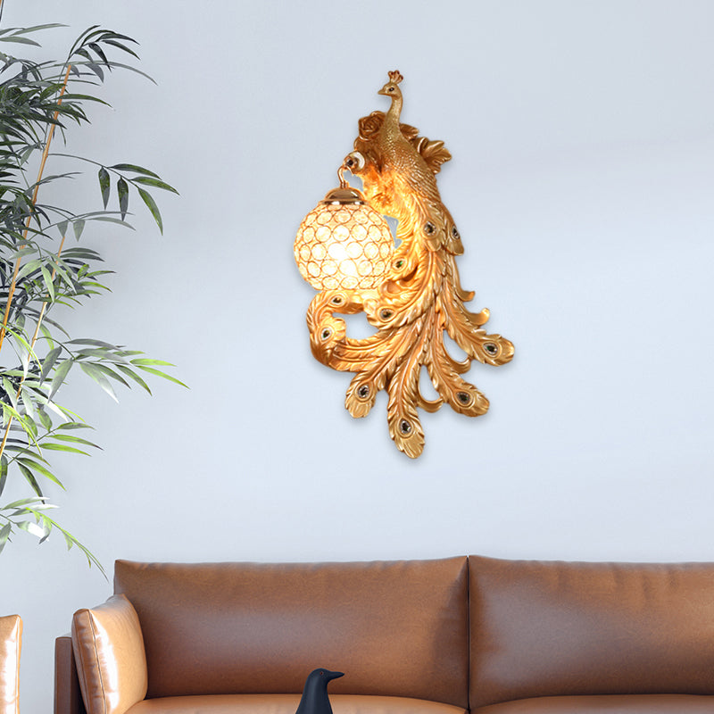 1 Light Blue/Gold Peacock Wall Lamp Country Resin 1/2-Pack Sconce Lighting with Crystal Globe Shade, Double/Right/Left Clearhalo 'Modern wall lights' 'Modern' 'Wall Lamps & Sconces' 'Wall Lights' Lighting' 156355
