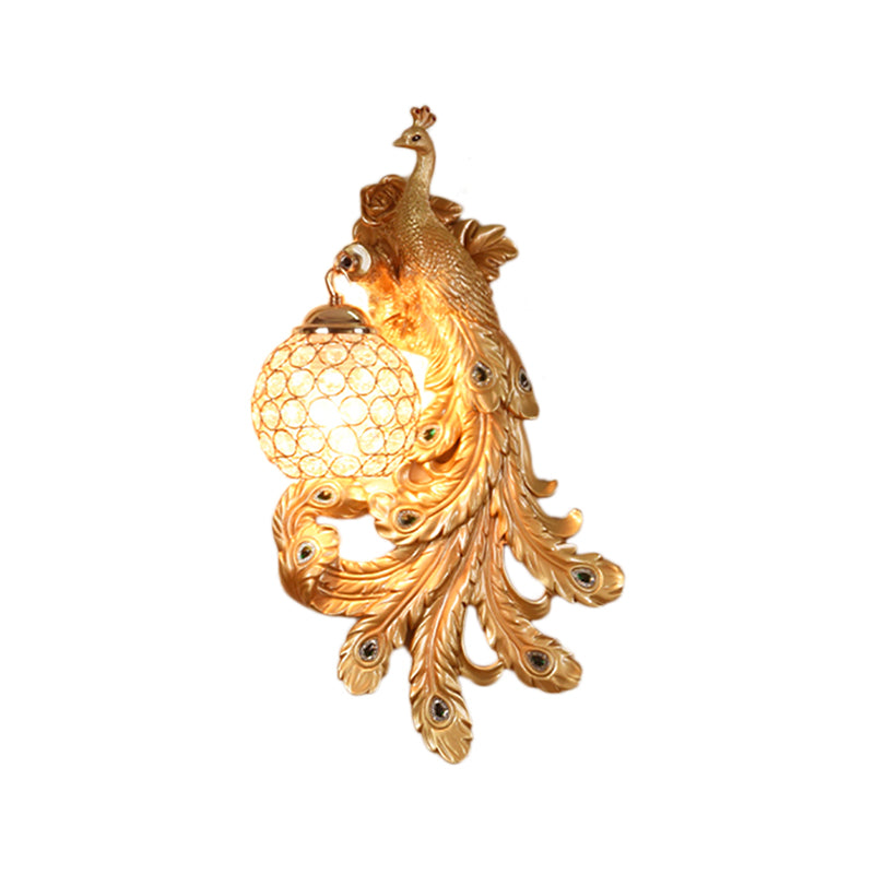 1 Light Blue/Gold Peacock Wall Lamp Country Resin 1/2-Pack Sconce Lighting with Crystal Globe Shade, Double/Right/Left Clearhalo 'Modern wall lights' 'Modern' 'Wall Lamps & Sconces' 'Wall Lights' Lighting' 156356