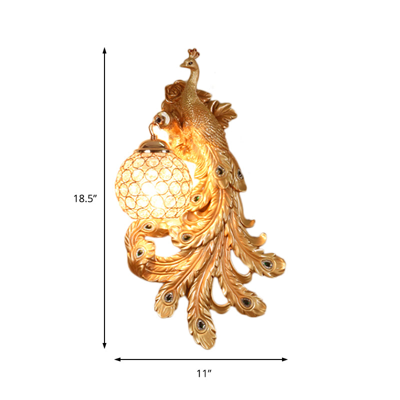 1 Light Blue/Gold Peacock Wall Lamp Country Resin 1/2-Pack Sconce Lighting with Crystal Globe Shade, Double/Right/Left Clearhalo 'Modern wall lights' 'Modern' 'Wall Lamps & Sconces' 'Wall Lights' Lighting' 156357