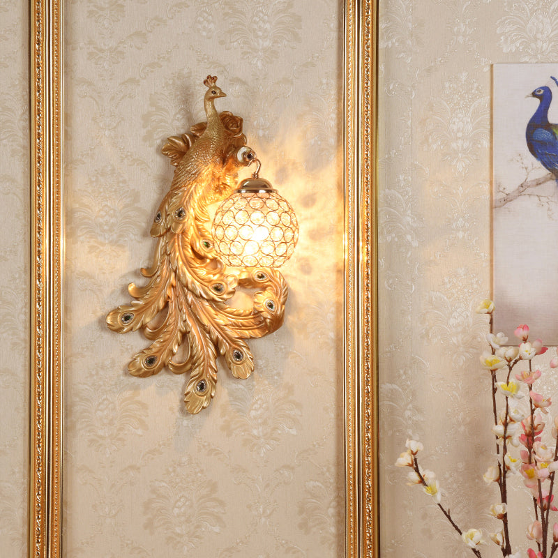 1 Light Blue/Gold Peacock Wall Lamp Country Resin 1/2-Pack Sconce Lighting with Crystal Globe Shade, Double/Right/Left Gold Left Clearhalo 'Modern wall lights' 'Modern' 'Wall Lamps & Sconces' 'Wall Lights' Lighting' 156358