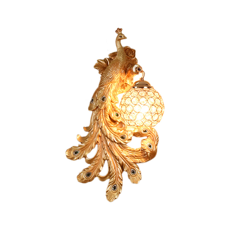 1 Light Blue/Gold Peacock Wall Lamp Country Resin 1/2-Pack Sconce Lighting with Crystal Globe Shade, Double/Right/Left Clearhalo 'Modern wall lights' 'Modern' 'Wall Lamps & Sconces' 'Wall Lights' Lighting' 156360