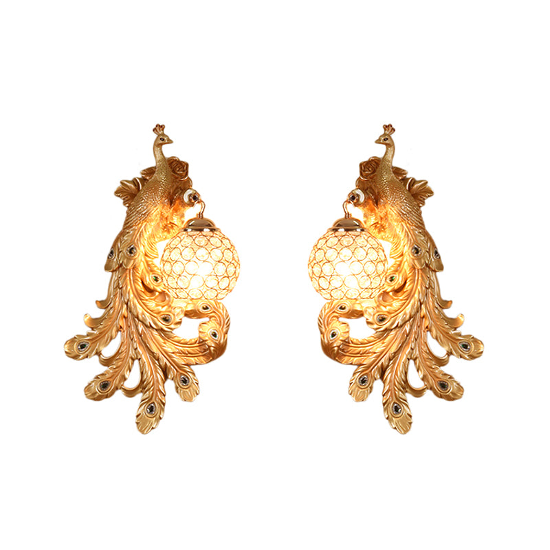1 Light Blue/Gold Peacock Wall Lamp Country Resin 1/2-Pack Sconce Lighting with Crystal Globe Shade, Double/Right/Left Clearhalo 'Modern wall lights' 'Modern' 'Wall Lamps & Sconces' 'Wall Lights' Lighting' 156362