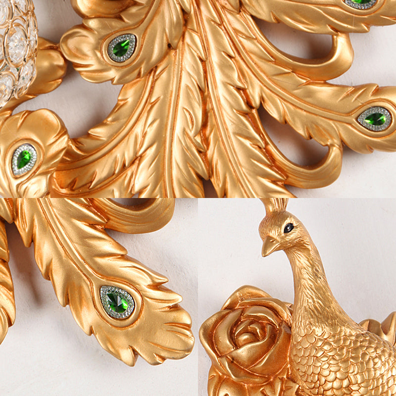 1 Light Blue/Gold Peacock Wall Lamp Country Resin 1/2-Pack Sconce Lighting with Crystal Globe Shade, Double/Right/Left Clearhalo 'Modern wall lights' 'Modern' 'Wall Lamps & Sconces' 'Wall Lights' Lighting' 156363