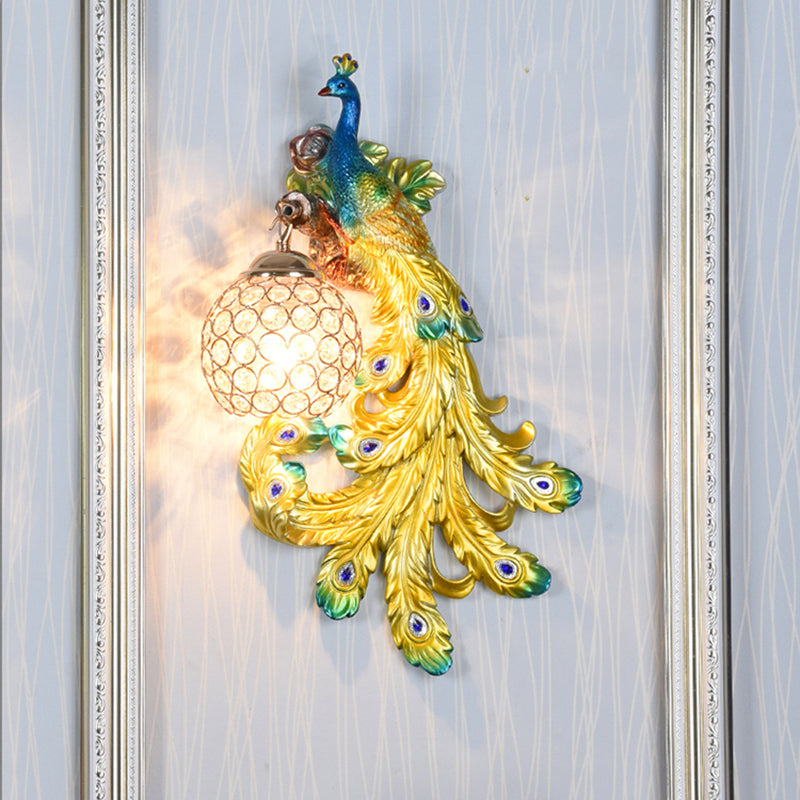 1 Light Blue/Gold Peacock Wall Lamp Country Resin 1/2-Pack Sconce Lighting with Crystal Globe Shade, Double/Right/Left Blue Right Clearhalo 'Modern wall lights' 'Modern' 'Wall Lamps & Sconces' 'Wall Lights' Lighting' 156364