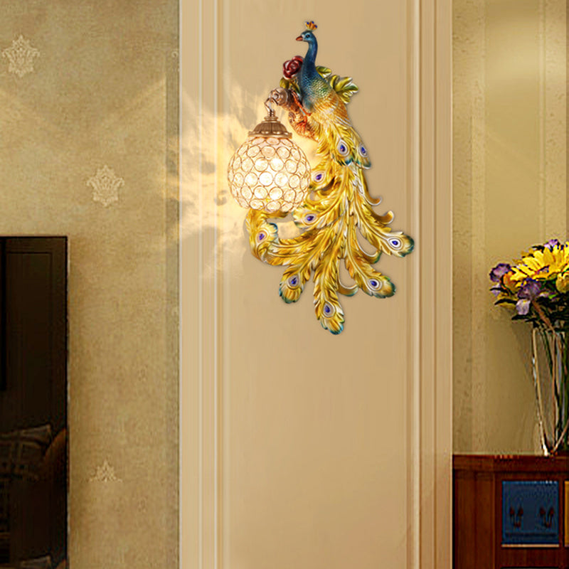 1 Light Blue/Gold Peacock Wall Lamp Country Resin 1/2-Pack Sconce Lighting with Crystal Globe Shade, Double/Right/Left Clearhalo 'Modern wall lights' 'Modern' 'Wall Lamps & Sconces' 'Wall Lights' Lighting' 156365