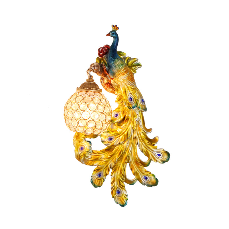 1 Light Blue/Gold Peacock Wall Lamp Country Resin 1/2-Pack Sconce Lighting with Crystal Globe Shade, Double/Right/Left Clearhalo 'Modern wall lights' 'Modern' 'Wall Lamps & Sconces' 'Wall Lights' Lighting' 156366