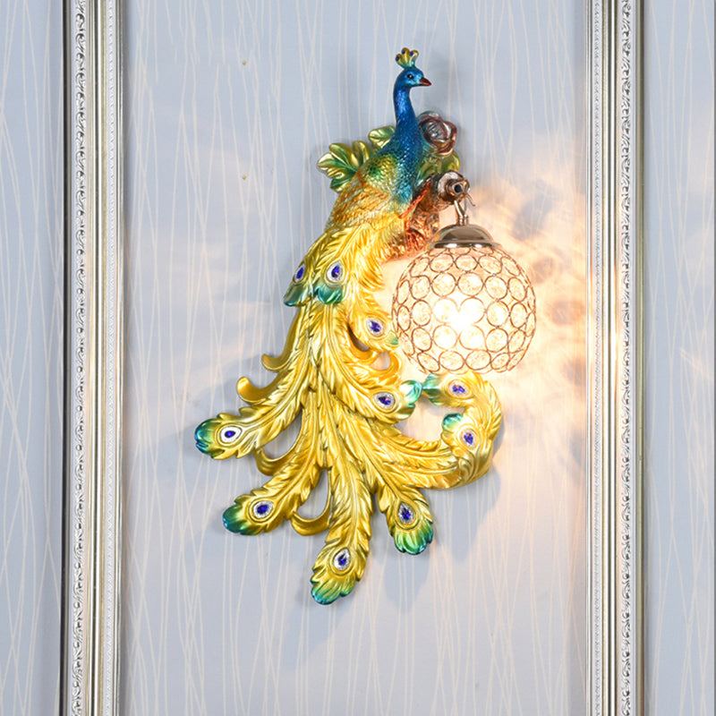 1 Light Blue/Gold Peacock Wall Lamp Country Resin 1/2-Pack Sconce Lighting with Crystal Globe Shade, Double/Right/Left Blue Left Clearhalo 'Modern wall lights' 'Modern' 'Wall Lamps & Sconces' 'Wall Lights' Lighting' 156367