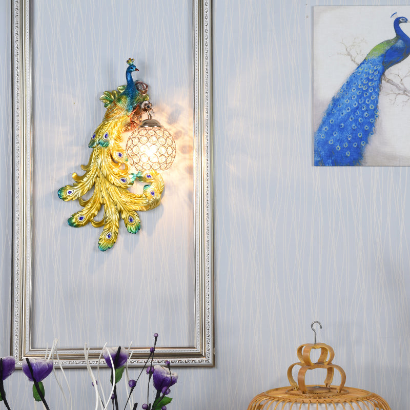1 Light Blue/Gold Peacock Wall Lamp Country Resin 1/2-Pack Sconce Lighting with Crystal Globe Shade, Double/Right/Left Clearhalo 'Modern wall lights' 'Modern' 'Wall Lamps & Sconces' 'Wall Lights' Lighting' 156368