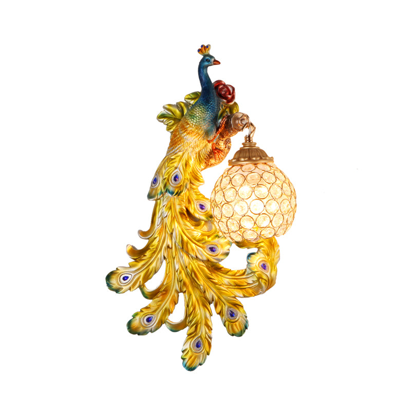 1 Light Blue/Gold Peacock Wall Lamp Country Resin 1/2-Pack Sconce Lighting with Crystal Globe Shade, Double/Right/Left Clearhalo 'Modern wall lights' 'Modern' 'Wall Lamps & Sconces' 'Wall Lights' Lighting' 156369
