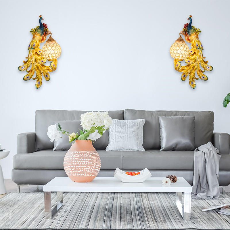 1 Light Blue/Gold Peacock Wall Lamp Country Resin 1/2-Pack Sconce Lighting with Crystal Globe Shade, Double/Right/Left Blue Double Clearhalo 'Modern wall lights' 'Modern' 'Wall Lamps & Sconces' 'Wall Lights' Lighting' 156370