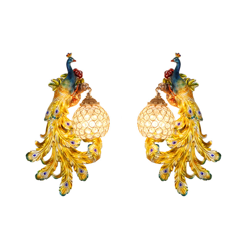 1 Light Blue/Gold Peacock Wall Lamp Country Resin 1/2-Pack Sconce Lighting with Crystal Globe Shade, Double/Right/Left Clearhalo 'Modern wall lights' 'Modern' 'Wall Lamps & Sconces' 'Wall Lights' Lighting' 156371