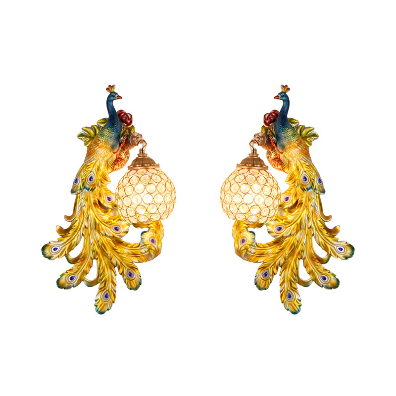 1 Light Blue/Gold Peacock Wall Lamp Country Resin 1/2-Pack Sconce Lighting with Crystal Globe Shade, Double/Right/Left Clearhalo 'Modern wall lights' 'Modern' 'Wall Lamps & Sconces' 'Wall Lights' Lighting' 156371