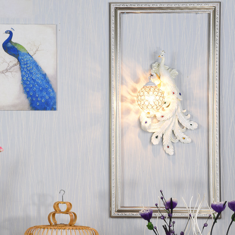 1 Light Blue/Gold Peacock Wall Lamp Country Resin 1/2-Pack Sconce Lighting with Crystal Globe Shade, Double/Right/Left Clearhalo 'Modern wall lights' 'Modern' 'Wall Lamps & Sconces' 'Wall Lights' Lighting' 156373