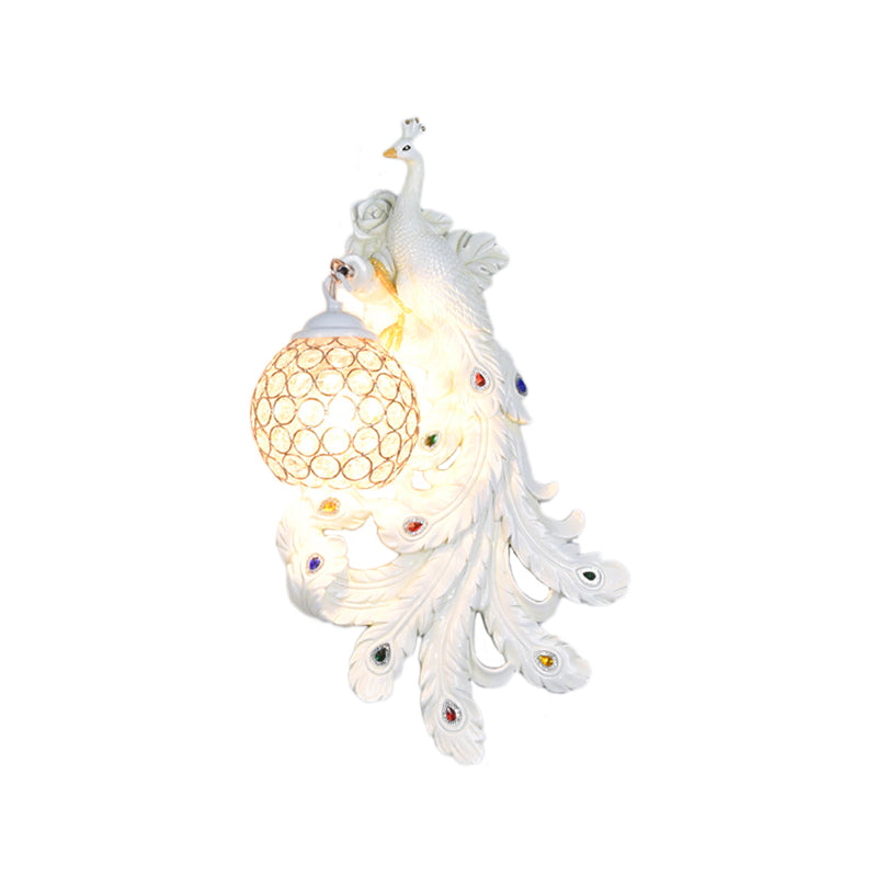 1 Light Blue/Gold Peacock Wall Lamp Country Resin 1/2-Pack Sconce Lighting with Crystal Globe Shade, Double/Right/Left Clearhalo 'Modern wall lights' 'Modern' 'Wall Lamps & Sconces' 'Wall Lights' Lighting' 156374