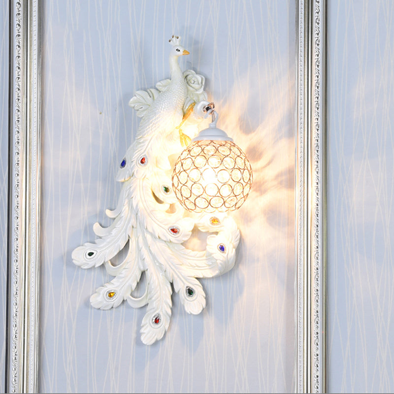 1 Light Blue/Gold Peacock Wall Lamp Country Resin 1/2-Pack Sconce Lighting with Crystal Globe Shade, Double/Right/Left White Left Clearhalo 'Modern wall lights' 'Modern' 'Wall Lamps & Sconces' 'Wall Lights' Lighting' 156375