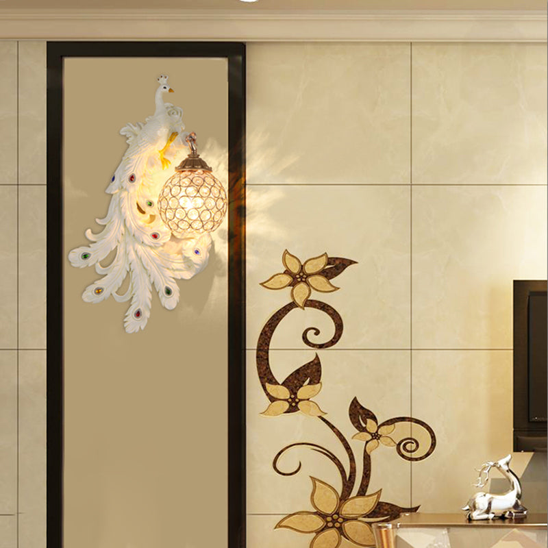 1 Light Blue/Gold Peacock Wall Lamp Country Resin 1/2-Pack Sconce Lighting with Crystal Globe Shade, Double/Right/Left Clearhalo 'Modern wall lights' 'Modern' 'Wall Lamps & Sconces' 'Wall Lights' Lighting' 156376