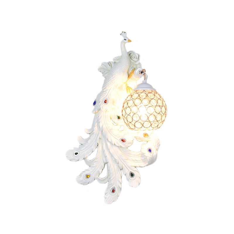 1 Light Blue/Gold Peacock Wall Lamp Country Resin 1/2-Pack Sconce Lighting with Crystal Globe Shade, Double/Right/Left Clearhalo 'Modern wall lights' 'Modern' 'Wall Lamps & Sconces' 'Wall Lights' Lighting' 156377
