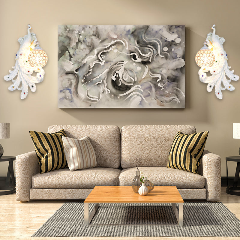 1 Light Blue/Gold Peacock Wall Lamp Country Resin 1/2-Pack Sconce Lighting with Crystal Globe Shade, Double/Right/Left White Double Clearhalo 'Modern wall lights' 'Modern' 'Wall Lamps & Sconces' 'Wall Lights' Lighting' 156378