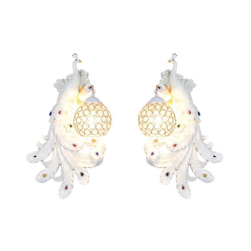 1 Light Blue/Gold Peacock Wall Lamp Country Resin 1/2-Pack Sconce Lighting with Crystal Globe Shade, Double/Right/Left Clearhalo 'Modern wall lights' 'Modern' 'Wall Lamps & Sconces' 'Wall Lights' Lighting' 156379