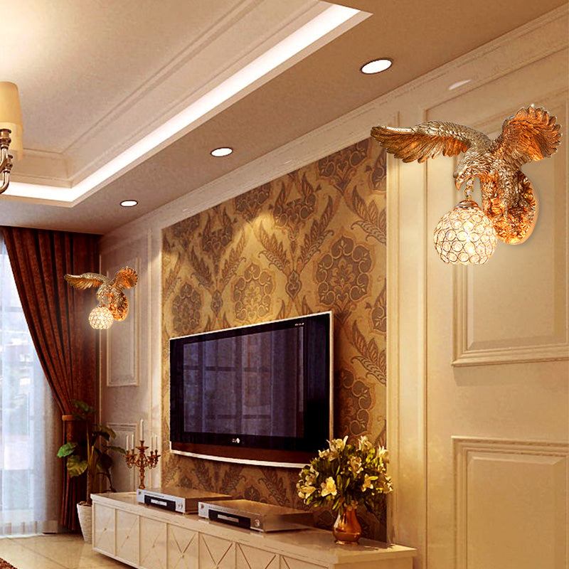 Retro Style Eagle Wall Mount Light Resin 1 Head Wall Light Fixture with Dome Crystal Shade in Gold Finish Gold Clearhalo 'Wall Lamps & Sconces' 'Wall Lights' Lighting' 156451