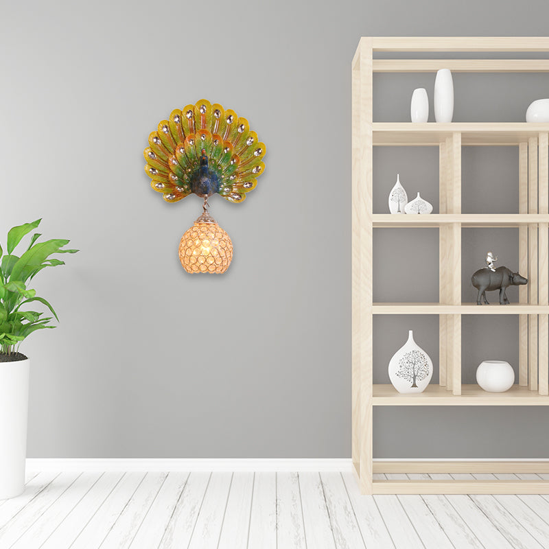 Retro Stylish Global Wall Light Sconce Clear Crystal 1 Light Wall Lamp with Peacock Backplate in Silver/White Aqua Clearhalo 'Modern wall lights' 'Modern' 'Wall Lamps & Sconces' 'Wall Lights' Lighting' 156498