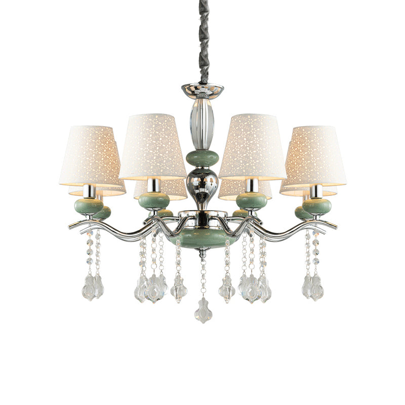 Nordic Cone Pendant Lamp Fabric 8 Lights Chandelier Light Fixture with Clear Crystal Drop in Green for Bedroom Clearhalo 'Ceiling Lights' 'Chandeliers' 'Modern Chandeliers' 'Modern' Lighting' 156728