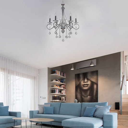 6 Bulbs Flameless Candle Chandelier Lighting with Clear Crystal Accent Vintage Stylish Pendant Lamp in Chrome Clearhalo 'Ceiling Lights' 'Chandeliers' Lighting' options 156766