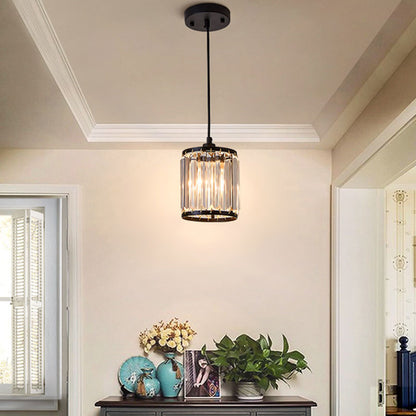 Cylinder Dining Room Pendant Lamp with K9 Crystal 1 Bulb Modernism Hanging Ceiling Light in Black Black Clearhalo 'Ceiling Lights' 'Modern Pendants' 'Modern' 'Pendant Lights' 'Pendants' Lighting' 156820