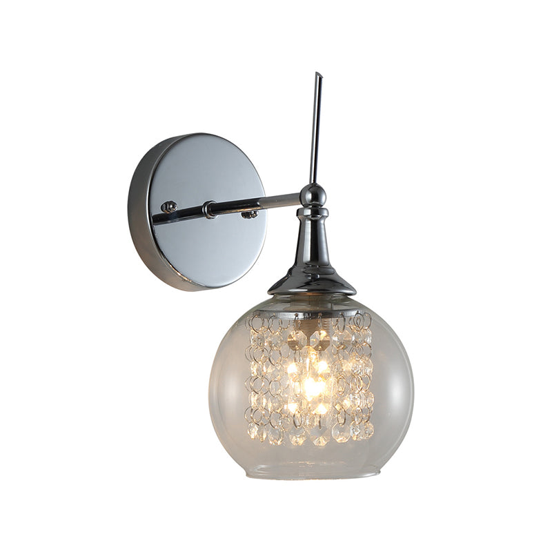 1 Bulb Globe Wall Lamp Contemporary Clear Glass Wall Sconce with Inner Crystal Strand in Chrome Finish Clearhalo 'Cast Iron' 'Glass' 'Industrial' 'Modern wall lights' 'Modern' 'Tiffany' 'Traditional wall lights' 'Wall Lamps & Sconces' 'Wall Lights' Lighting' 157091